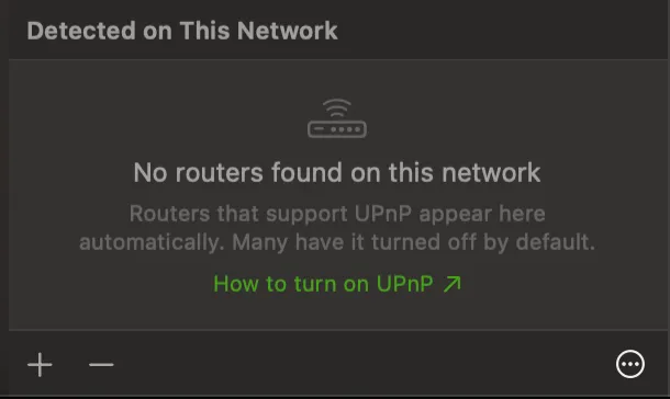 The Detected on This Network section showing No routers found on this network, with a How to turn on UPnP link