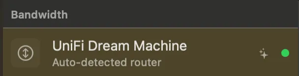 A detected router in the Bandwidth section: a yellow-tinted row named UniFi Dream Machine, with the subtitle Auto-detected router and a sparkles badge