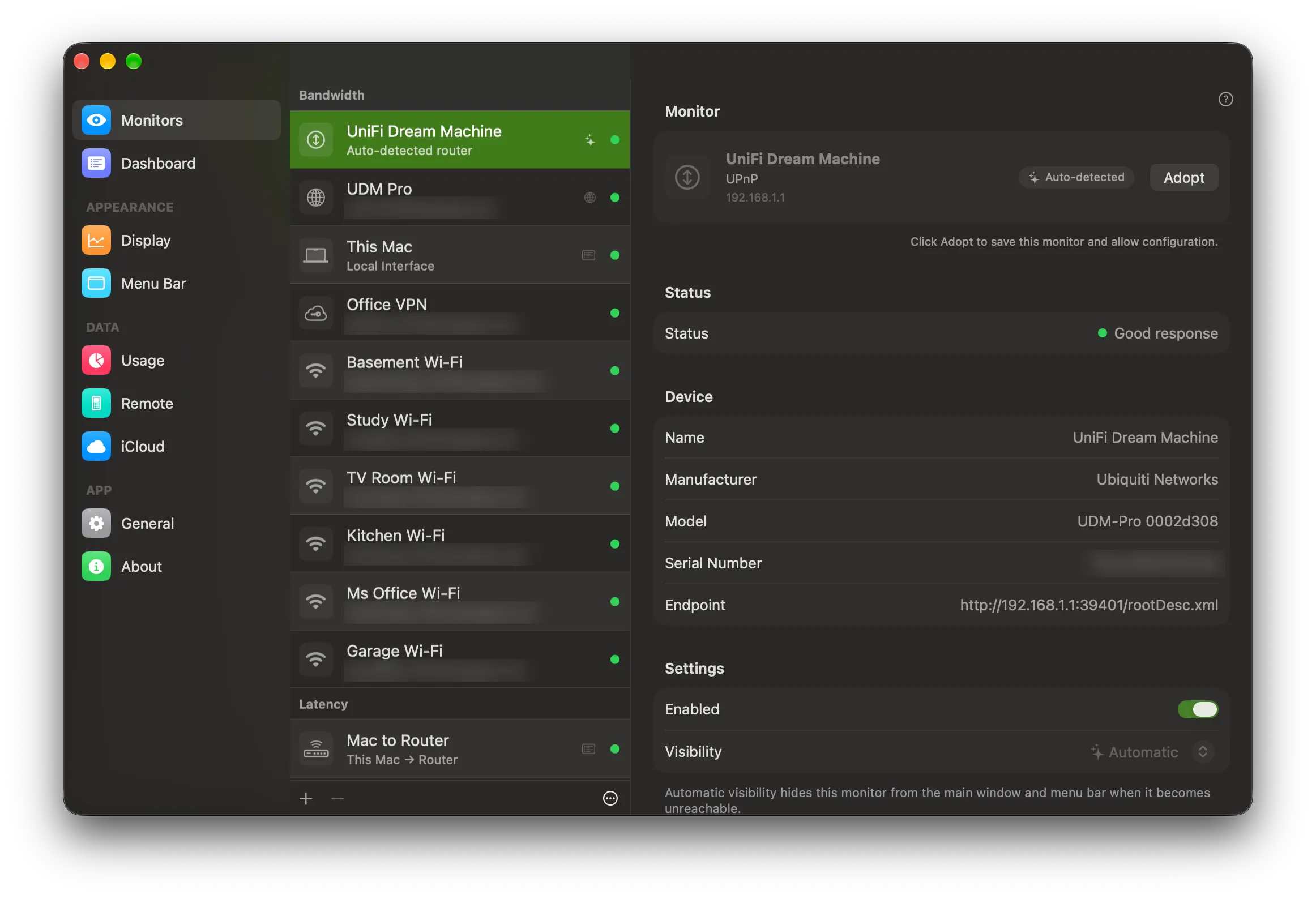 Monitors settings with a detected router selected. The header shows the Auto-detected pill and the Adopt button, above the note Click Adopt to save this monitor and allow configuration
