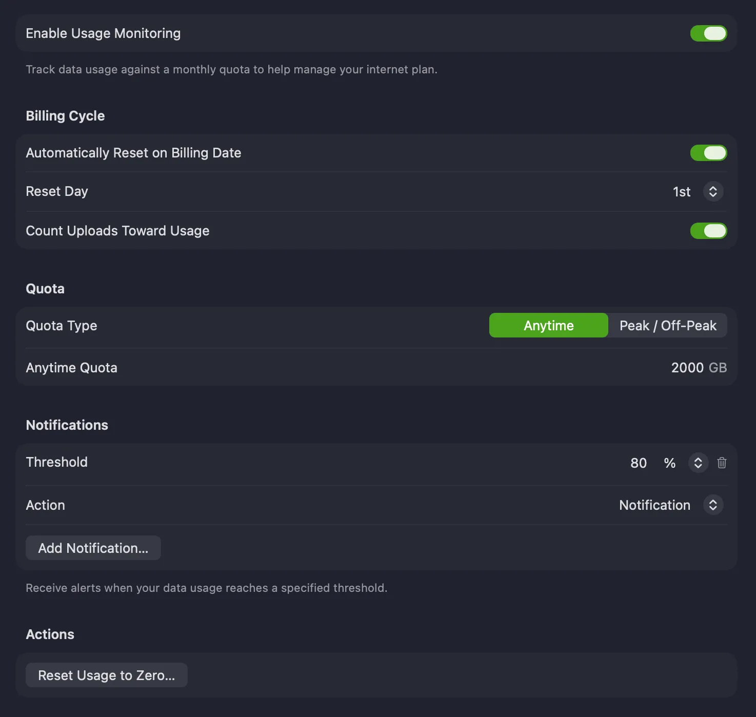 Usage settings tab showing Enable Usage Monitoring, Billing Cycle, Quota, Notifications and Actions